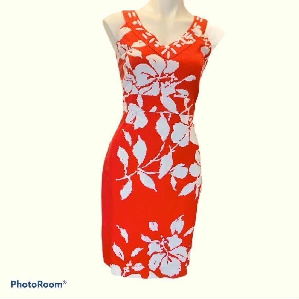 Sandra Darren red and white floral print dress